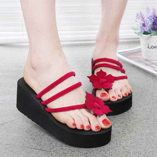 2021 summer new high heels and thick bottom ladies' slippers flowers